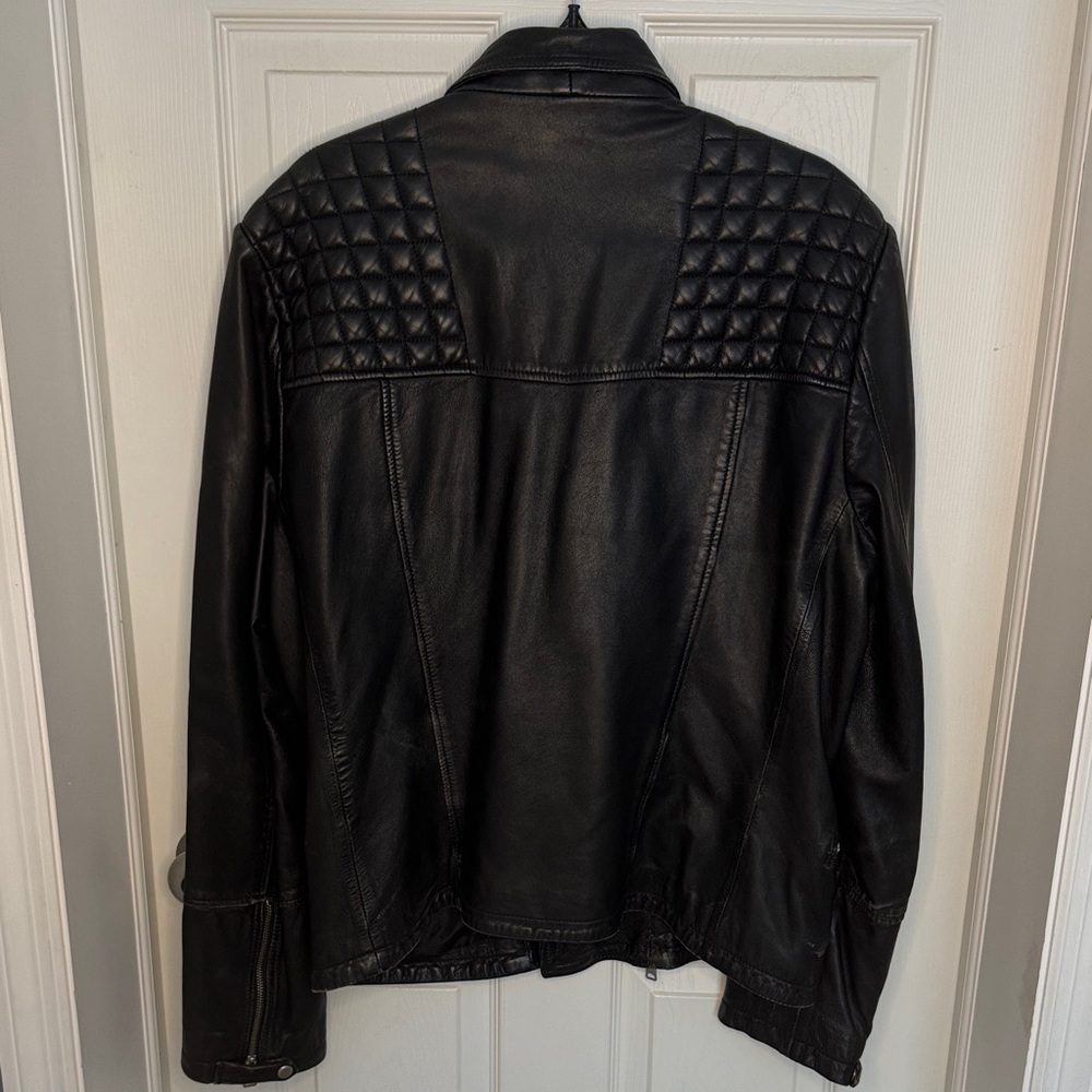 All Saints Mens Black Leather Biker Jacket with Quilted Shoulders - Picture 12 of 15